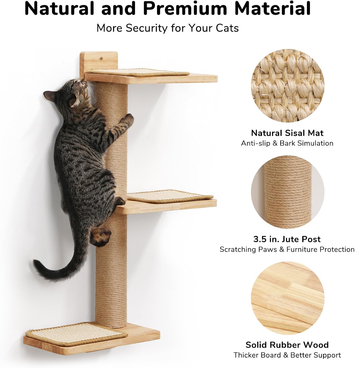 Cat climbing furniture with natural sisal mat, jute scratching posts and rubber wood platforms for indoor cats