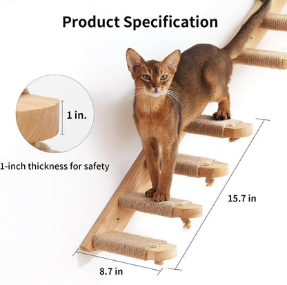 Cat climbing ladder with size guide and 1-inch thick solid wood