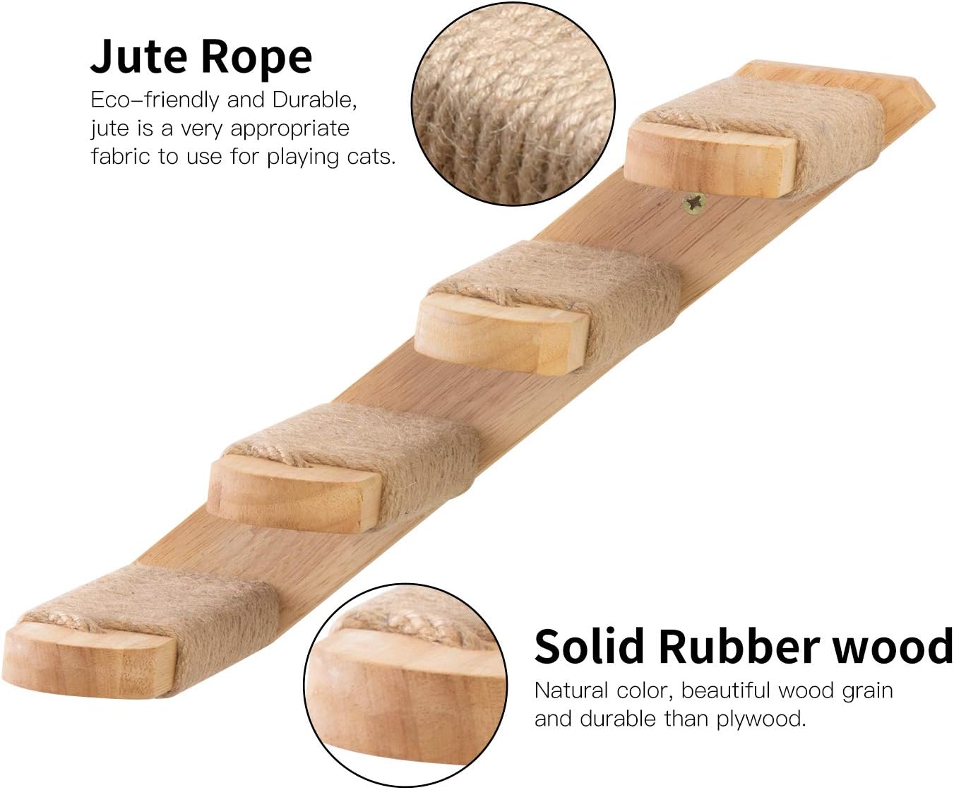 Close-up of jute rope wrap and solid rubber wood on cat steps