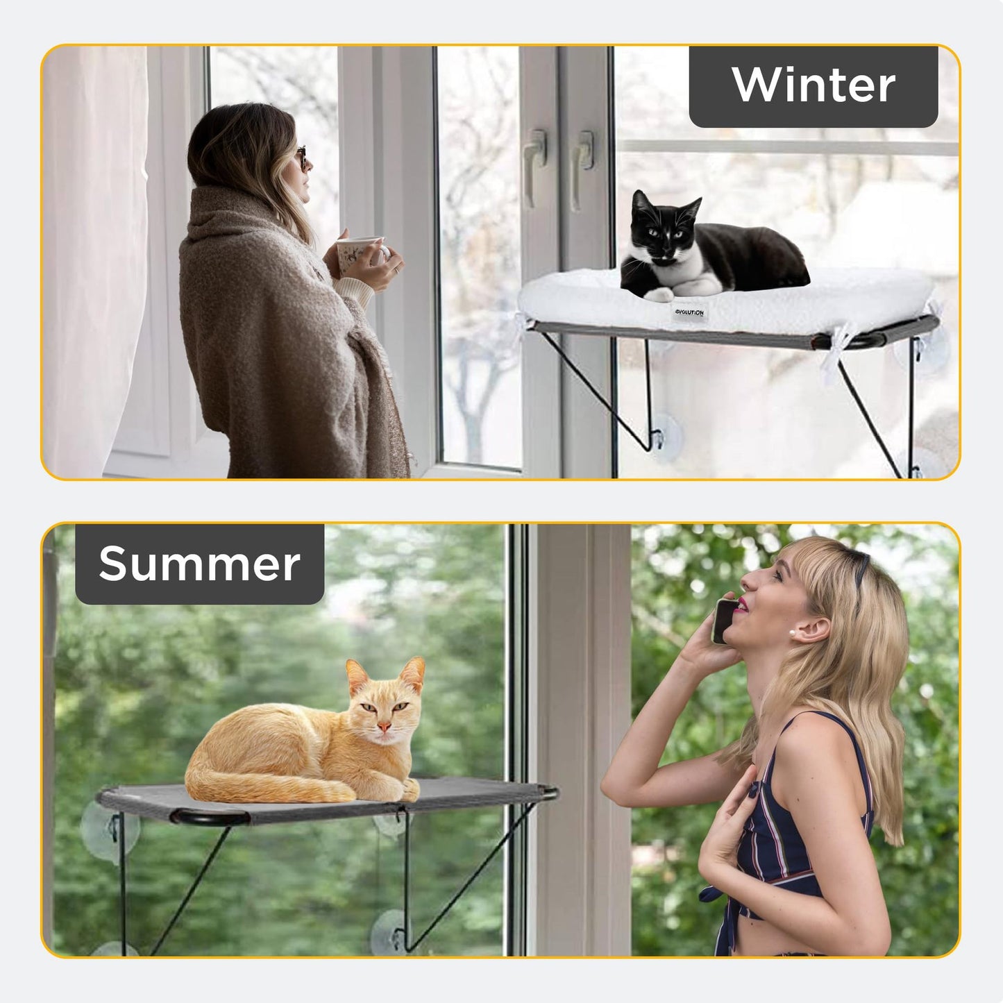 Cats relaxing on window-mounted hammock beds in winter and summer settings with seasonal fabric options
