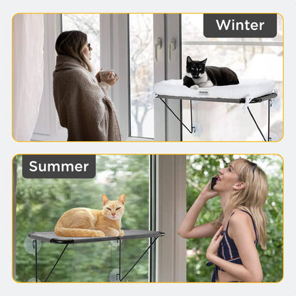 Cats relaxing on window-mounted hammock beds in winter and summer settings with seasonal fabric options