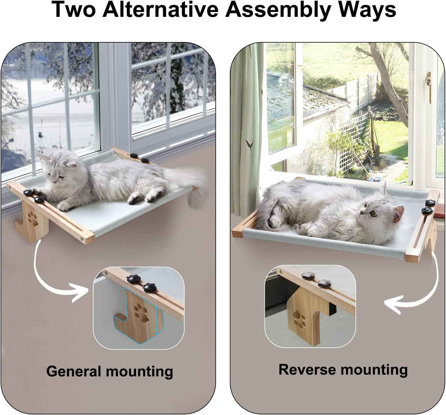 Two installation methods for cat window perch: general and reverse mounting shown
