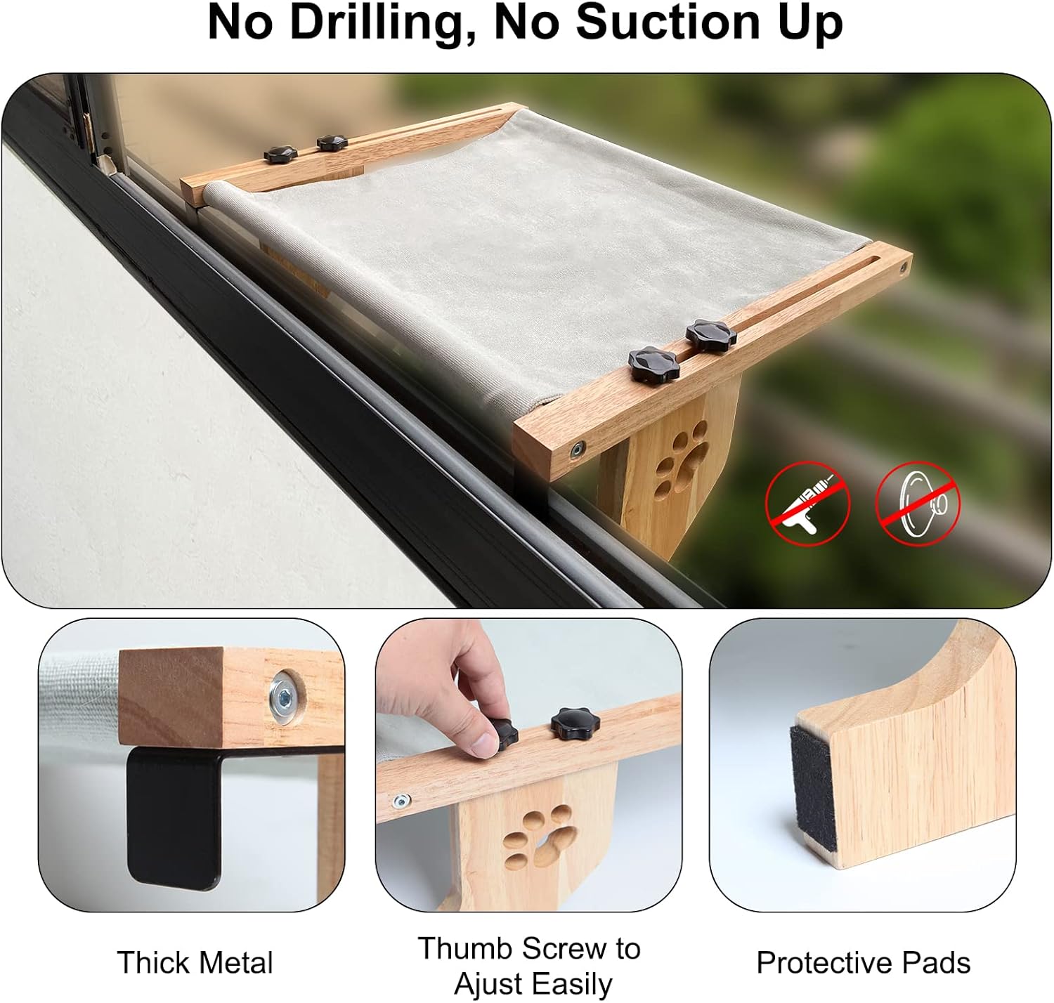No drill, no suction cup cat window bed with thick metal brackets and protective pads