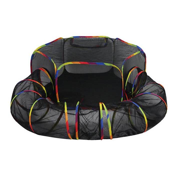 Pop-up black mesh exterior cat house with rainbow tunnel entrance