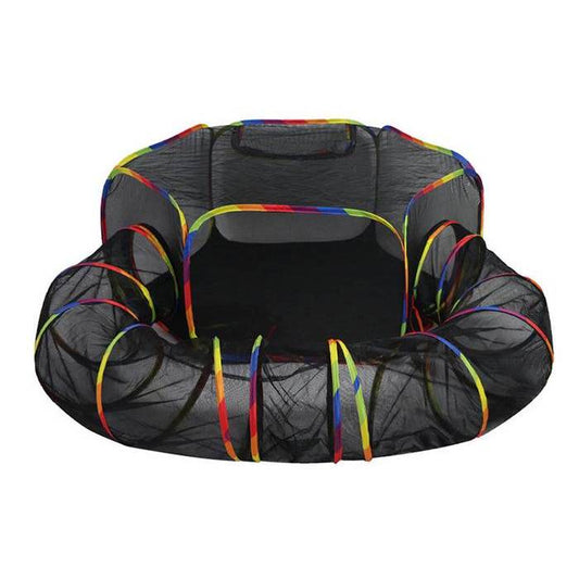 Pop-up black mesh exterior cat house with rainbow tunnel entrance