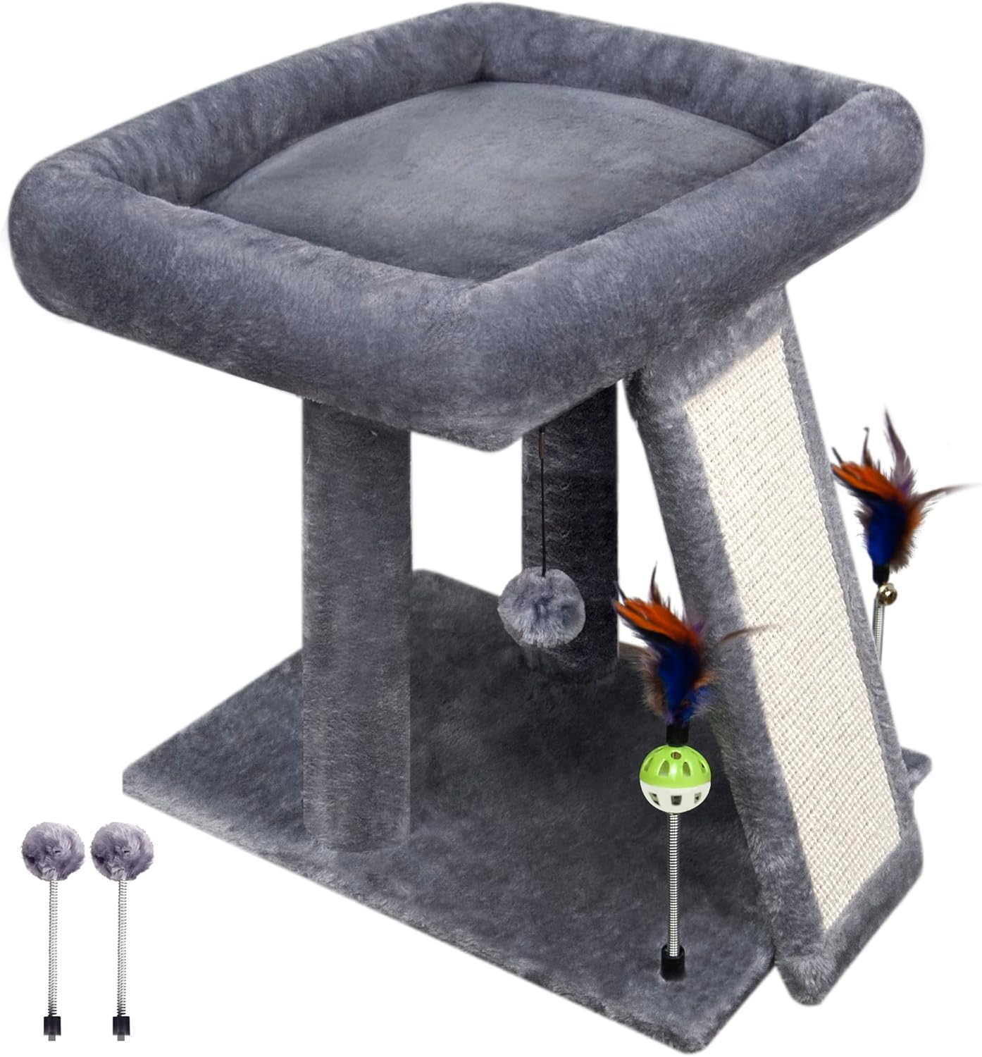 Side view of compact grey cat tower with sisal ramp and toy balls