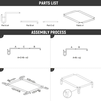 Assembly guide and parts list for elevated outdoor dog bed