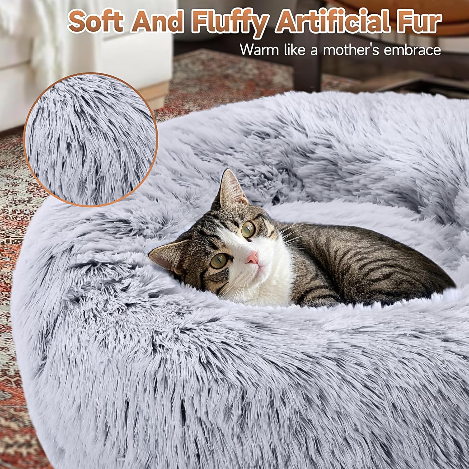 Plush donut cat bed with raised edges and anti-slip bottom
