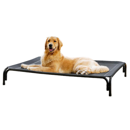 Large golden retriever resting on black elevated pet bed