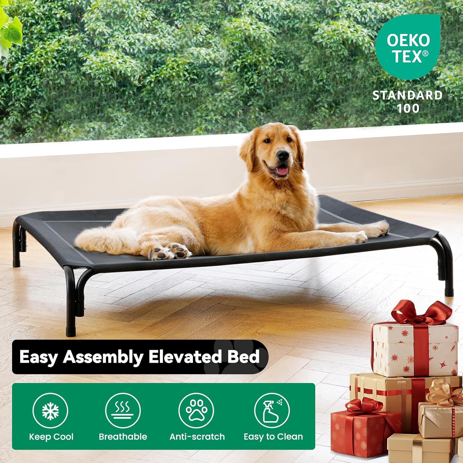 Indoor view of elevated dog cot with OEKO-TEX label