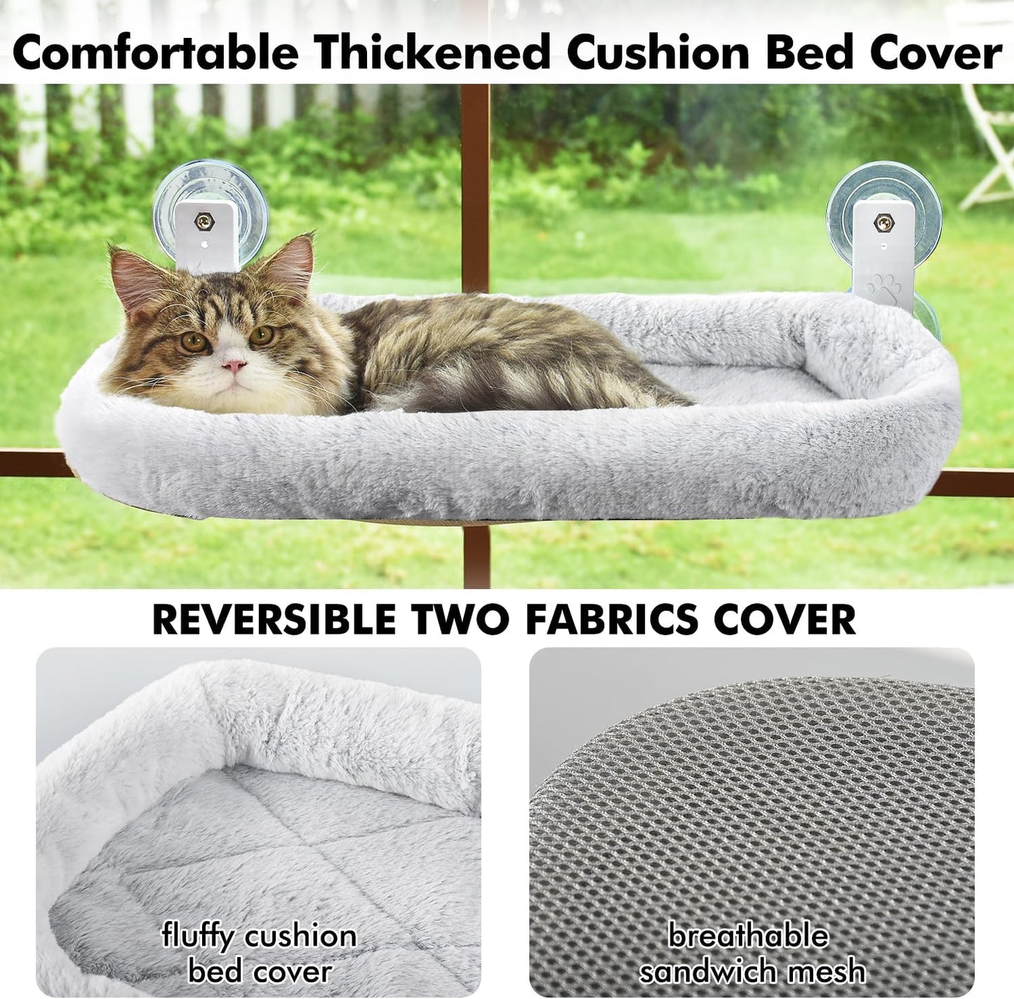 Foldable cat window hammock with reversible cushion and strong suction cups