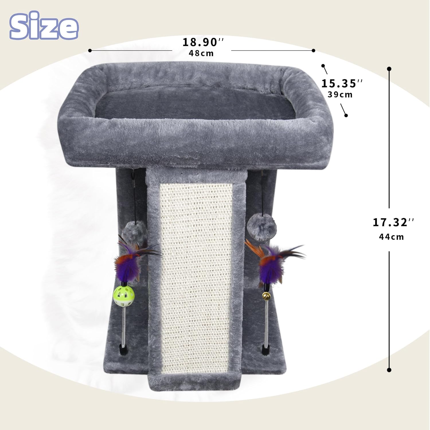 Grey cat tree with measurements in inches and centimeters