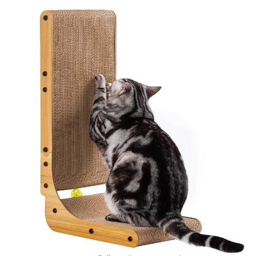 L-shaped cardboard cat scratcher with catnip and toy ball for large cats