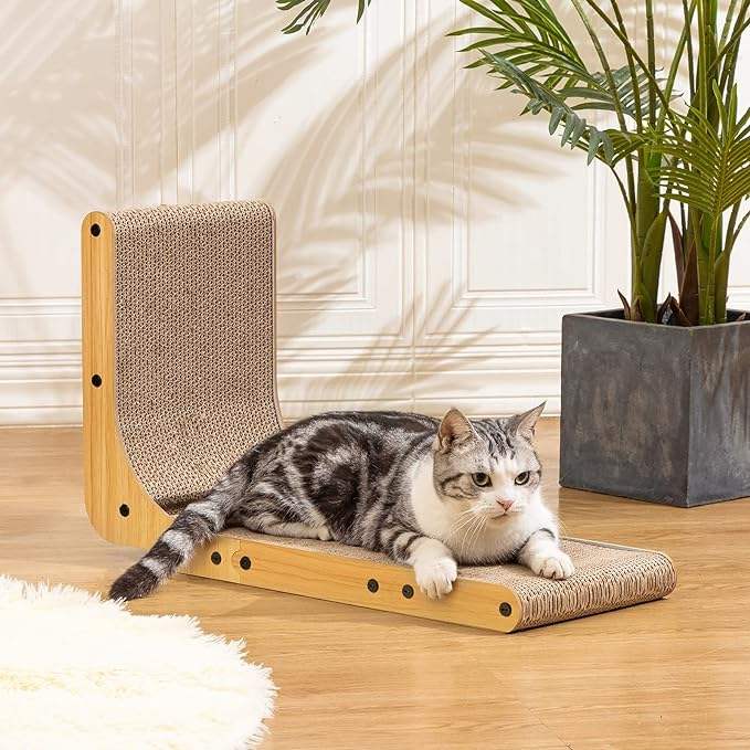 L-shaped cardboard cat scratcher with catnip and toy ball for large cats