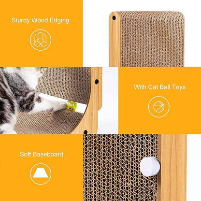 L-shaped cardboard cat scratcher with catnip and toy ball for large cats