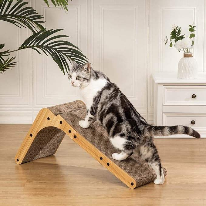 L-shaped cardboard cat scratcher with catnip and toy ball for large cats