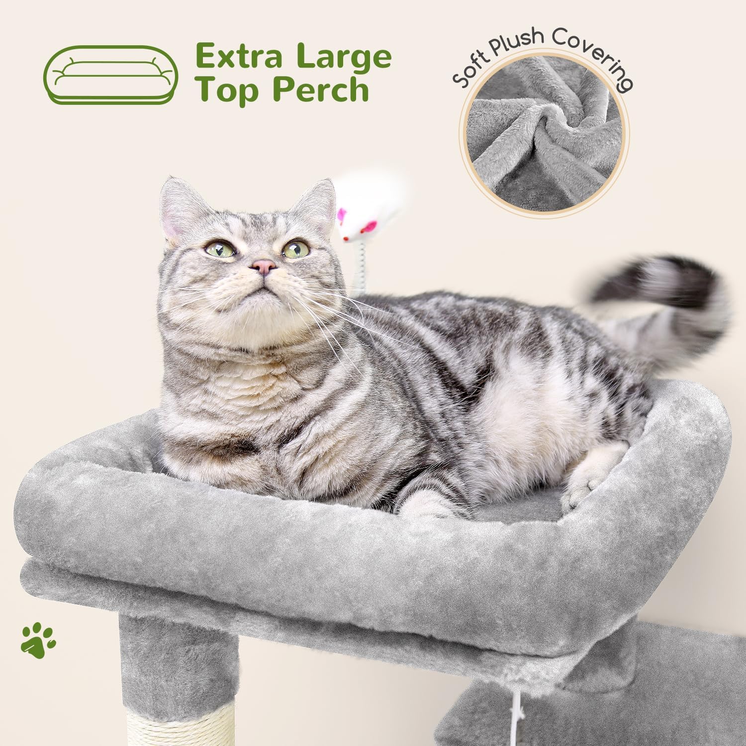 Large top perch on cat tree with soft plush fabric for lounging