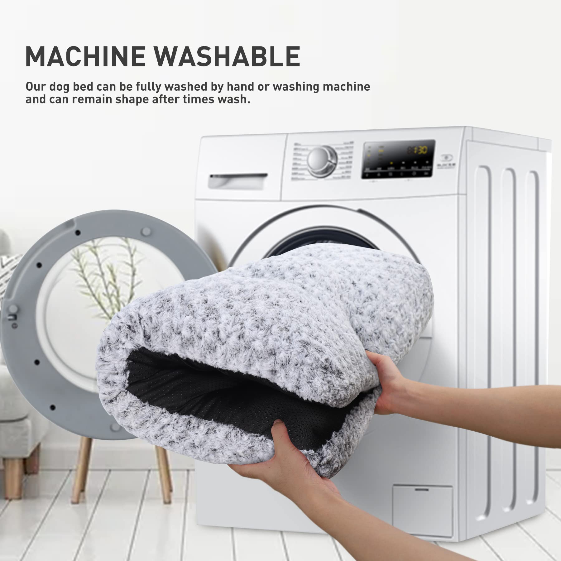 Dog bed being put into washing machine for easy cleaning