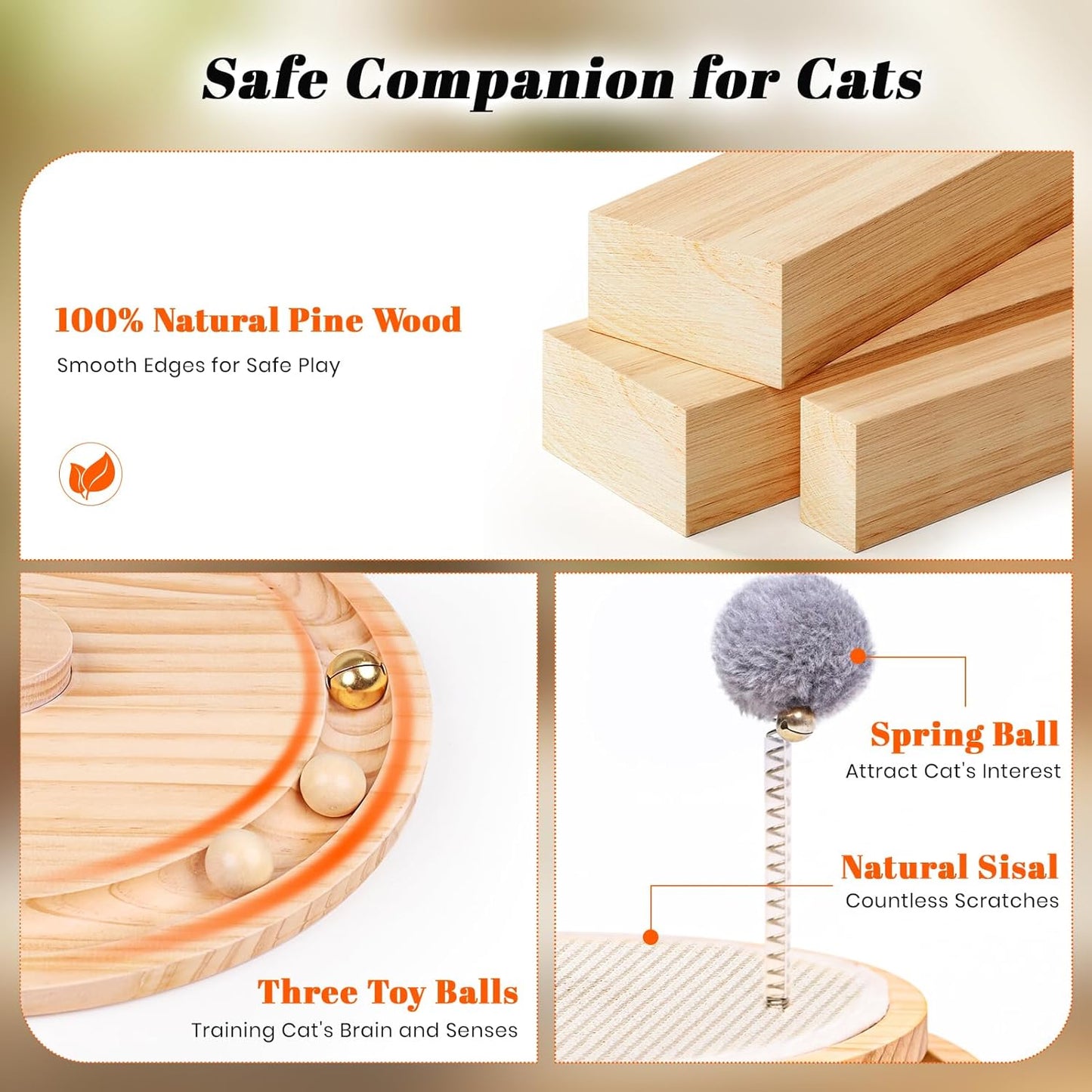 Close-up of cat toy features: pine wood, sisal surface, toy balls