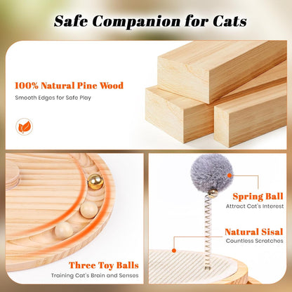 Close-up of cat toy features: pine wood, sisal surface, toy balls