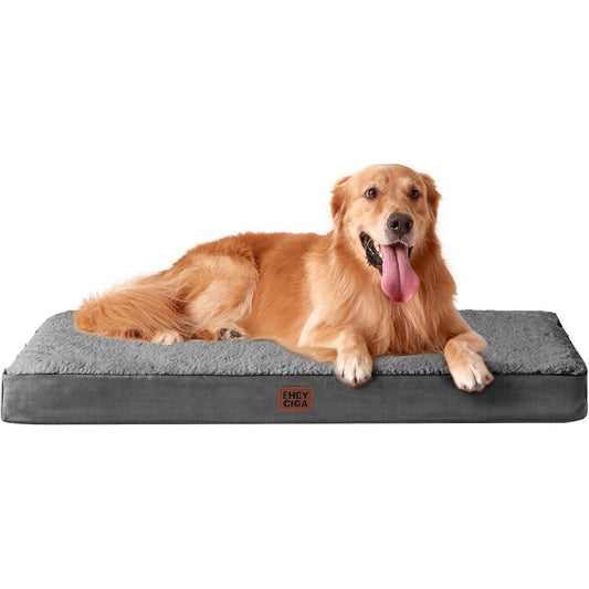 Golden Retriever lying on a grey orthopedic dog bed by Little Whisker