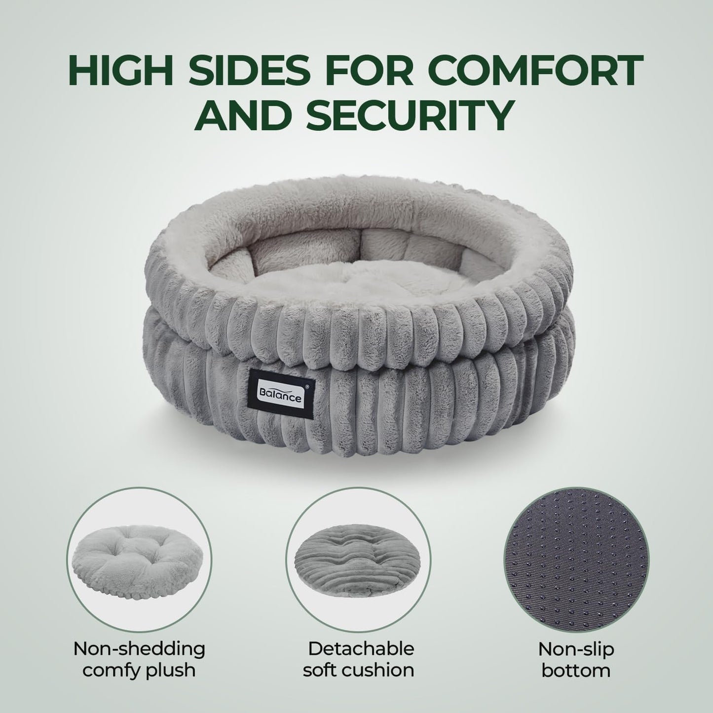 Plush cat bed with high supportive edge and non-slip bottom