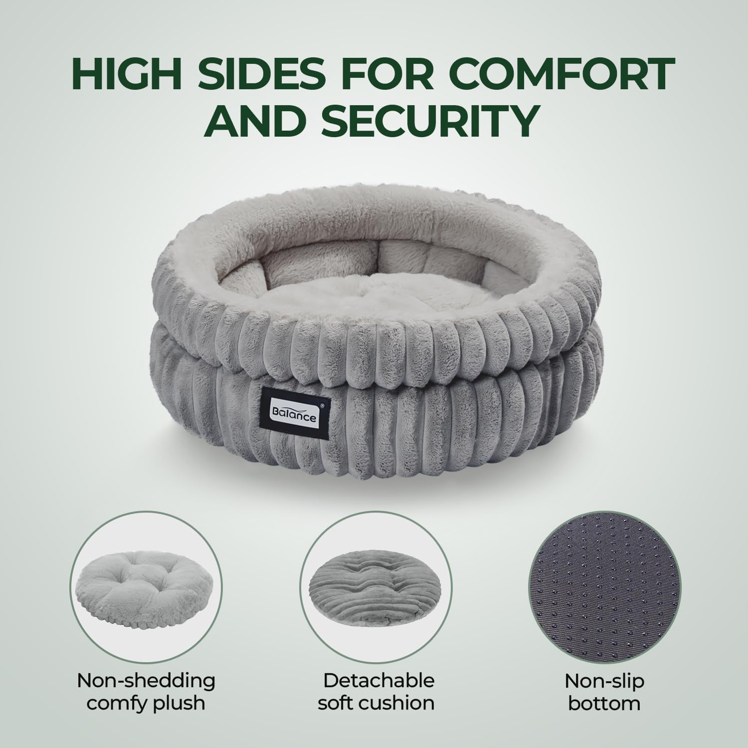 Plush cat bed with high supportive edge and non-slip bottom
