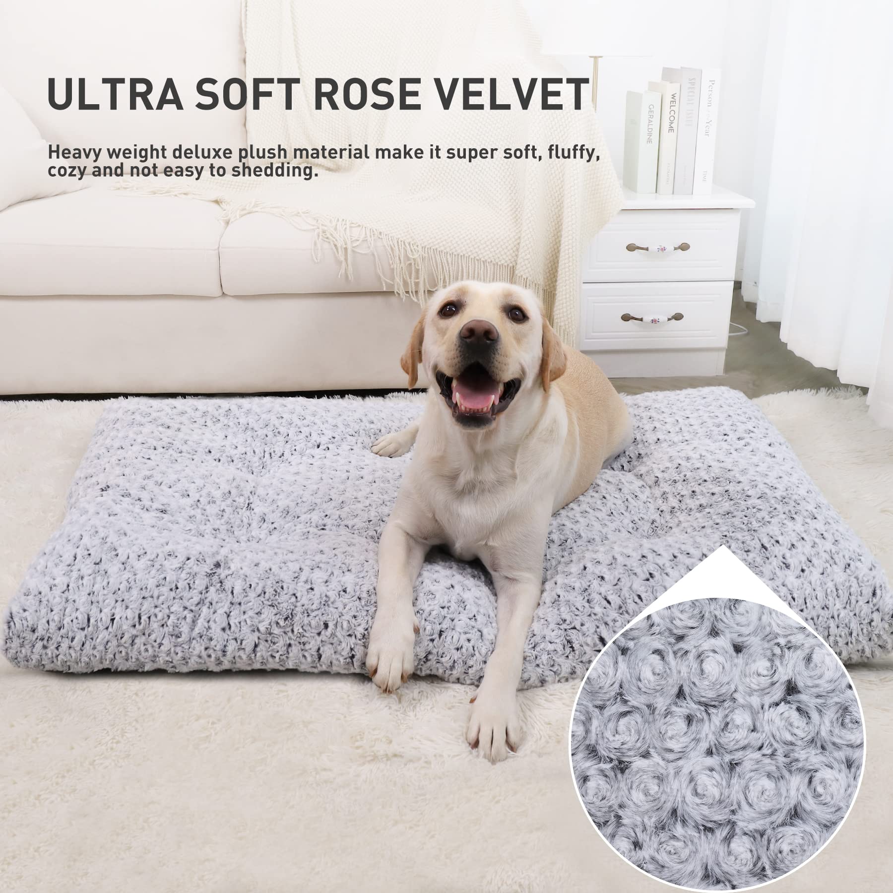 Ultra-soft rose velvet material on dog bed with happy dog