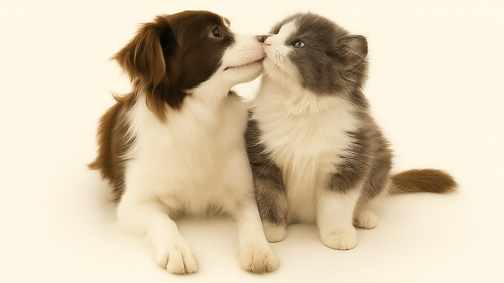 A cute puppy and kitten gently nuzzling each other on a light beige background, showcasing the warmth and companionship of pets.