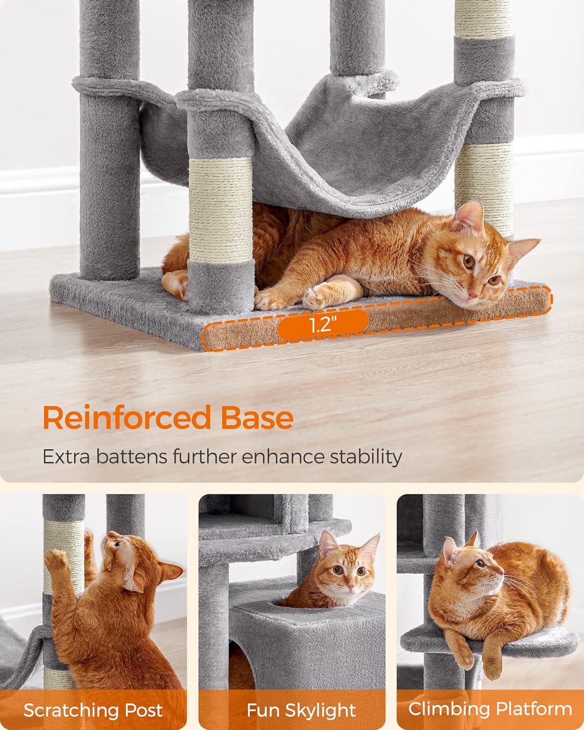Stable cat tree with reinforced base, sisal scratching posts, and hammock
