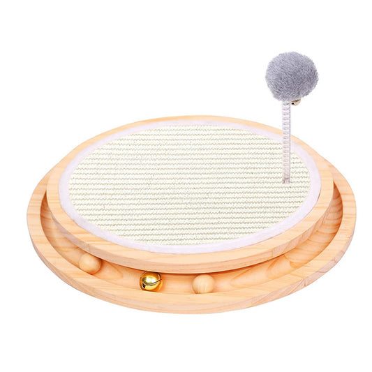 Round cat scratcher toy with natural wood base and sisal surface