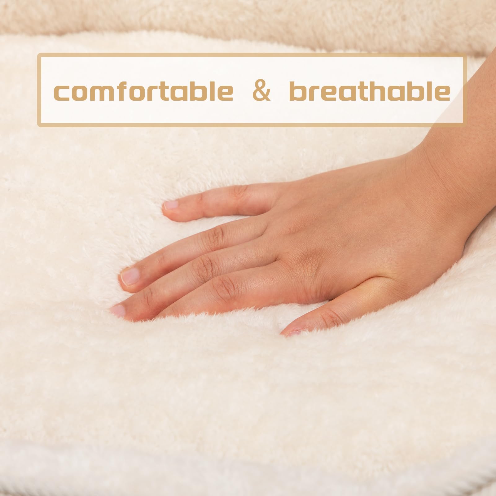 Hand pressing plush surface of cat bed showing softness and breathability