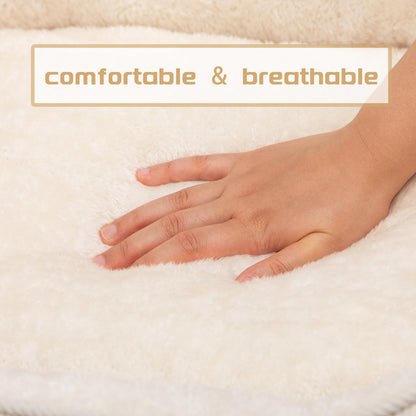 Hand pressing plush surface of cat bed showing softness and breathability
