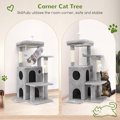 Space-saving cat tree designed to fit neatly in a corner with stable base