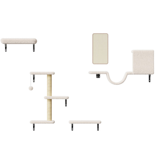 Wall mounted cat climbing furniture set with shelves, scratching post and cat bed