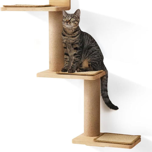 Wall mounted cat climbing shelves with sisal scratching posts and cozy pads for indoor cats