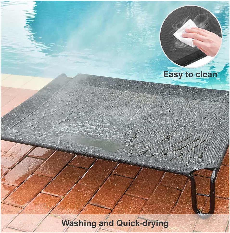 Waterproof elevated dog bed being cleaned easily by the pool